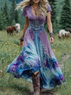 Classy Gradient Purple Lavender And Floral Printed Short Maxi Dress