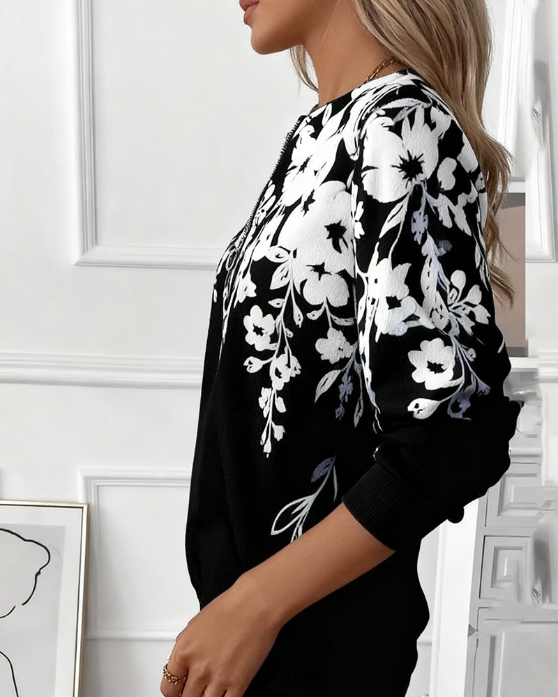 Printed Sweatshirt with Half Zipper and Collar