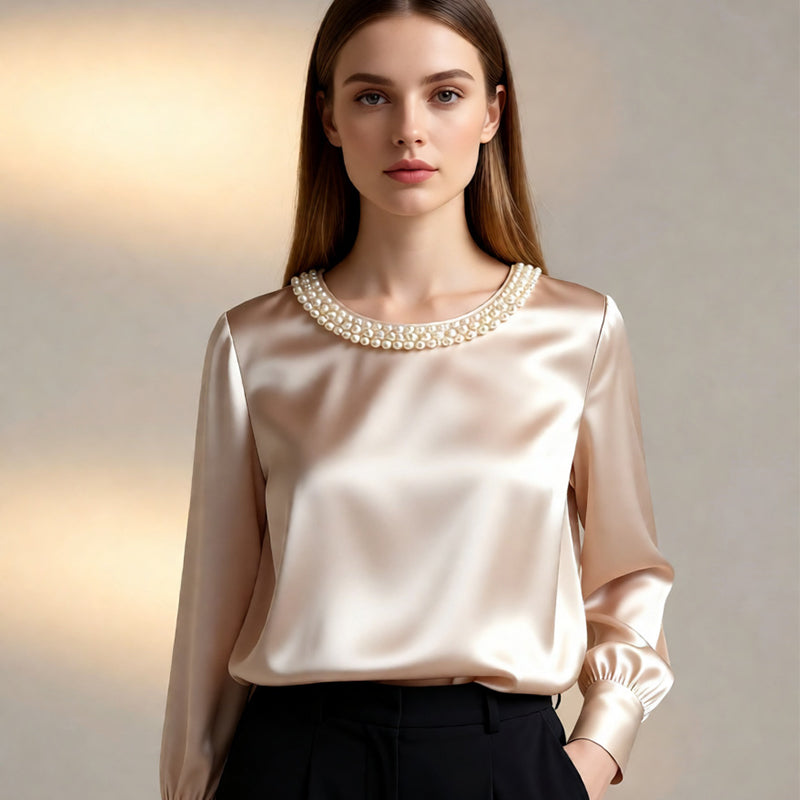 Quitterie - Satin Blouse With Pearl Collar
