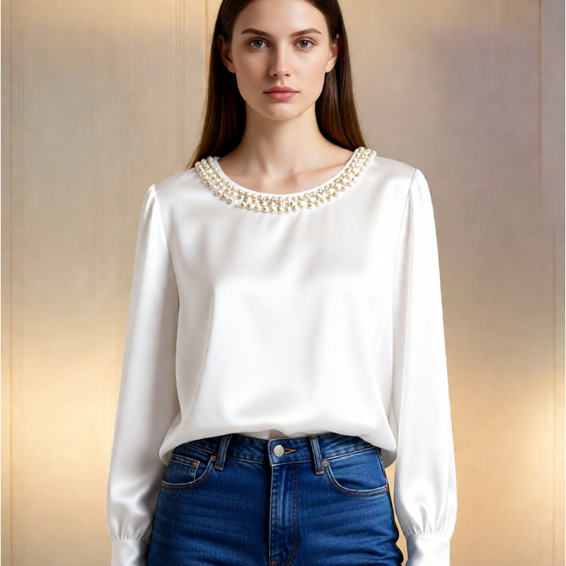 Quitterie - Satin Blouse With Pearl Collar