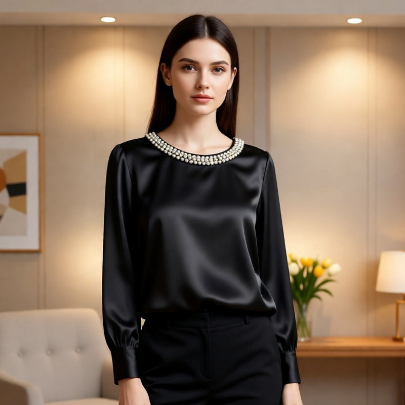 Quitterie - Satin Blouse With Pearl Collar